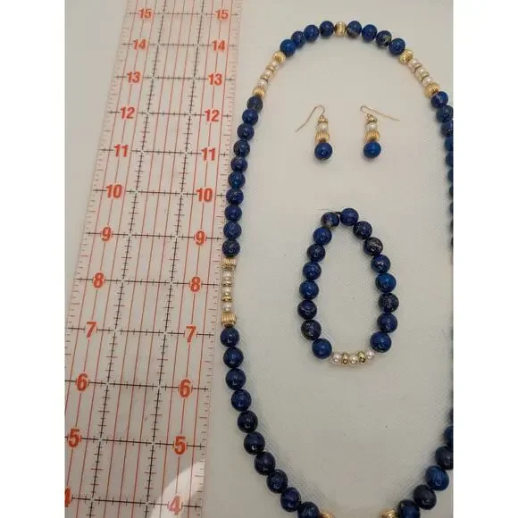 Blue Lapis Vintage Necklace Bracelet and Earring Suite with Gold Beads & Pearls - Picture 6 of 7
